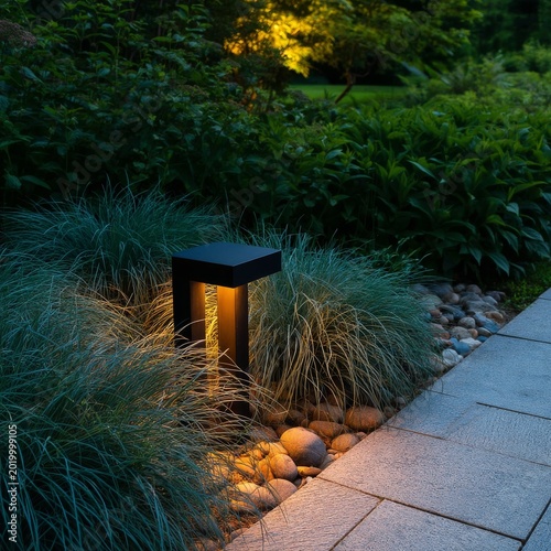 Pathway Lit by Outdoor Lights in a Garden at Dusk With Green Plants Nearby
