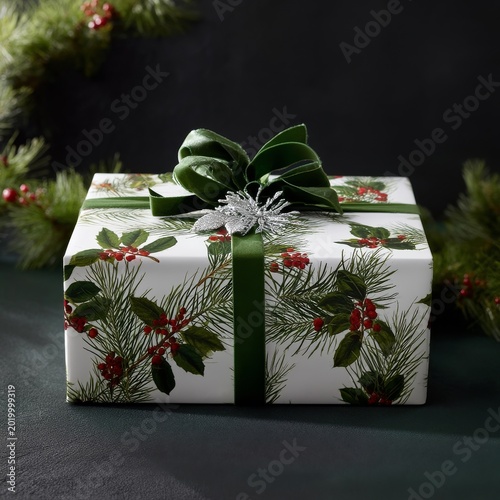 Gift Box With Holiday Wrapping and Decorative Bow Placed on a Dark Surface Du...
