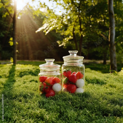 Glass Jars Hold Fresh Strawberries and Eggs on Green Grass Under Sunlight in ...