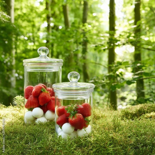 Glass Jars Hold Fresh Strawberries and Eggs on Green Grass Under Sunlight in ...