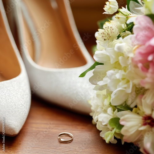 Wedding Shoes, Ring and Bouquet Placed on a Wooden Surface During a Bridal Pr...