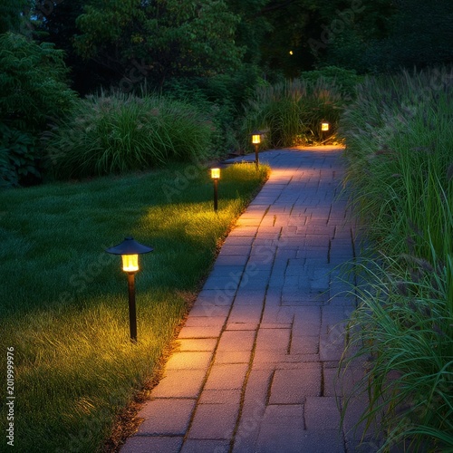 Pathway Lit by Garden Lights Guides Visitors at Night in a Landscaped Yard