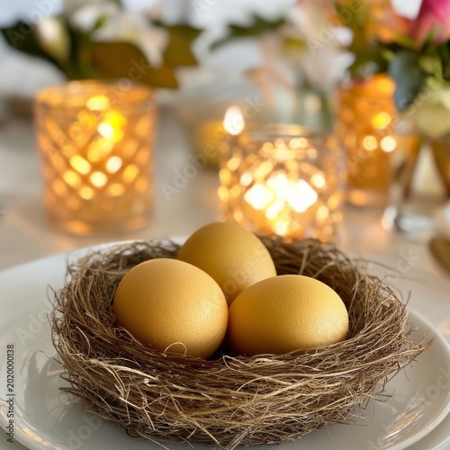 Decorative Nest With Golden Eggs on a Table With Flowers and Lights During a ...