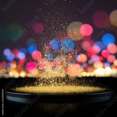 Colorful Dust Rises From a Circular Surface in a Dark Setting With Blurred Light