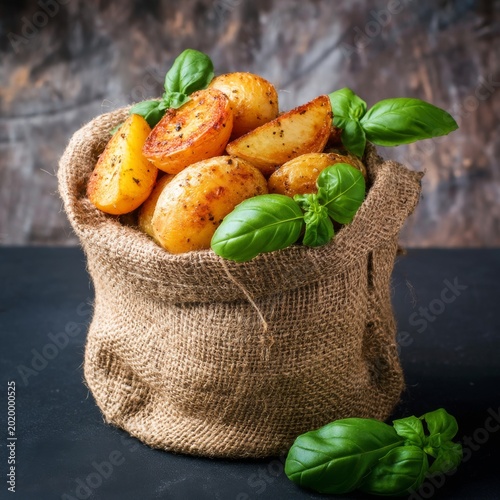 Fresh Potatoes Cooked With Herbs and Served in a Rustic Burlap Bag With Basil...