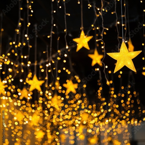 Warm Lights Shine in Star Shapes During a Nighttime Celebration in a Decorate...