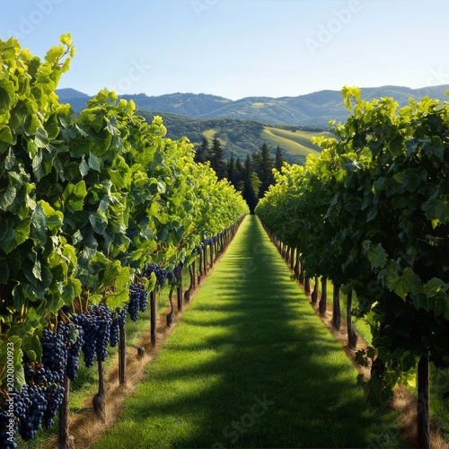 Vineyard Landscape in the Afternoon With Rows of Grapevines and Mountains in ...