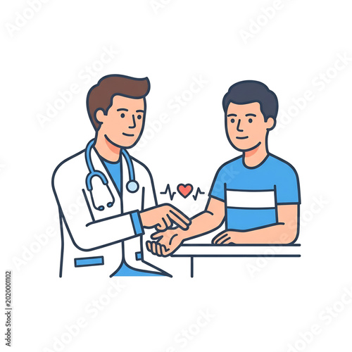 Friendly doctor checking a patient pulse during a healthcare consultation.