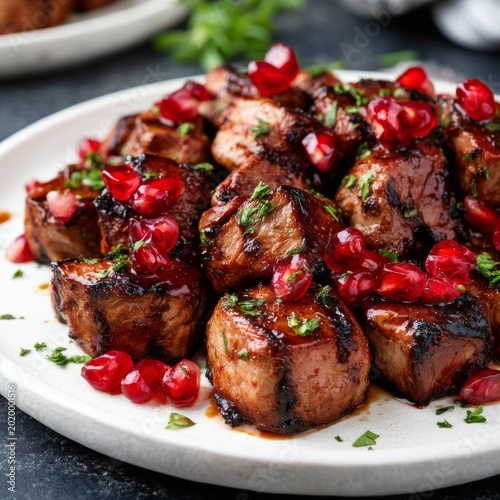 Savory Grilled Meat Served With Pomegranate Seeds on a White Plate in Daylight
