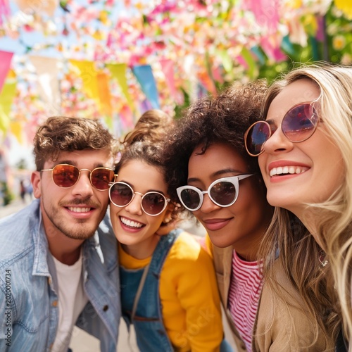 Friends Smiling and Taking a Selfie at a Colorful Outdoor Market During a Sun...