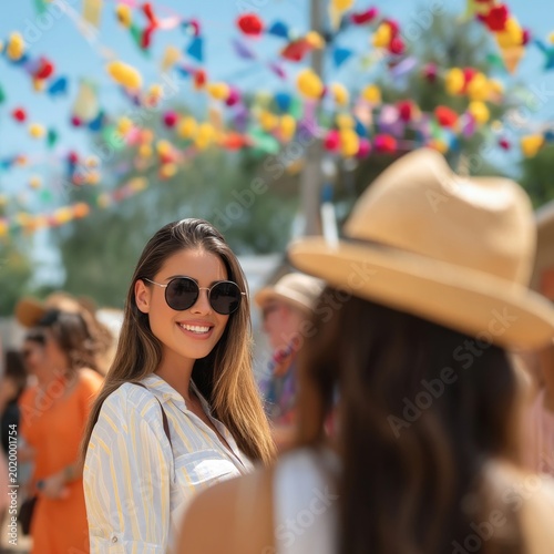 Woman Smiles at Festival While Colorful Decorations Hang Above in Bright Sunl...
