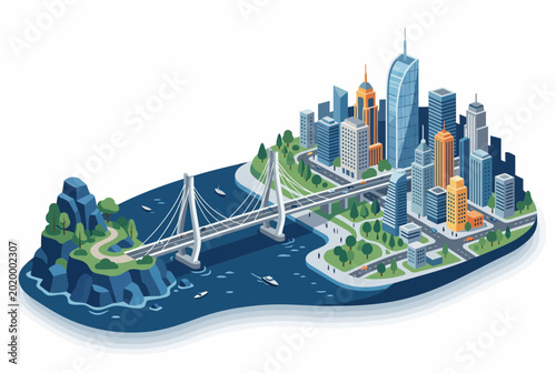 Isometric Modern City Skyline with Suspension Bridge and Island