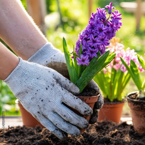 Gardener Holds Purple Hyacinth Pot in Sunny Greenhouse While Planting Colorfu...