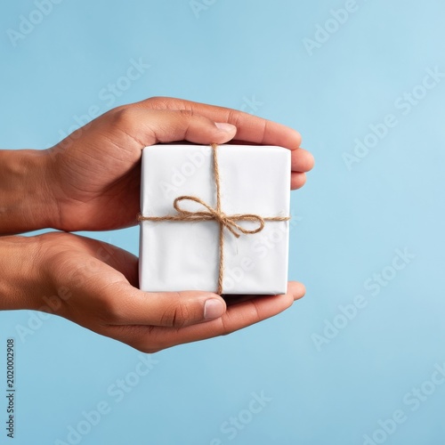 Hands Holding a Wrapped Gift Box on a Blue Background in a Simple Setting