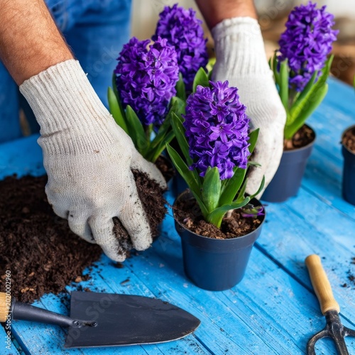 Gardening With Purple Flowers on a Sunny Day in a Backyard Setting