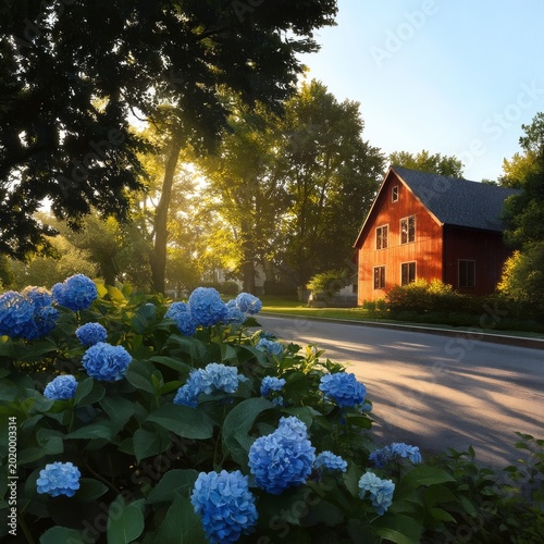 Wooden House Surrounded by Blue Flowers in a Rural Setting During the Day