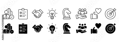 Banner goals icon set. Chart with icons and keywords