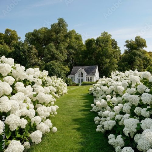 Green Path Leads to White Flowers and a House in a Garden Setting During the Day