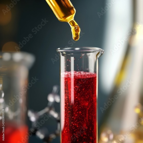 Chemical Reaction With Red Liquid and Yellow Dropper in a Laboratory Setting