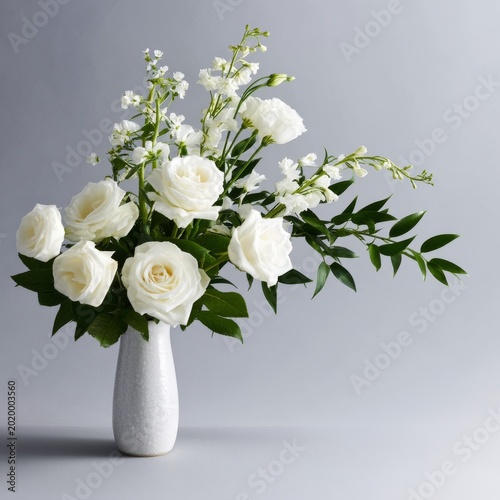 White Roses and Greenery in a Simple Vase on a Light Background