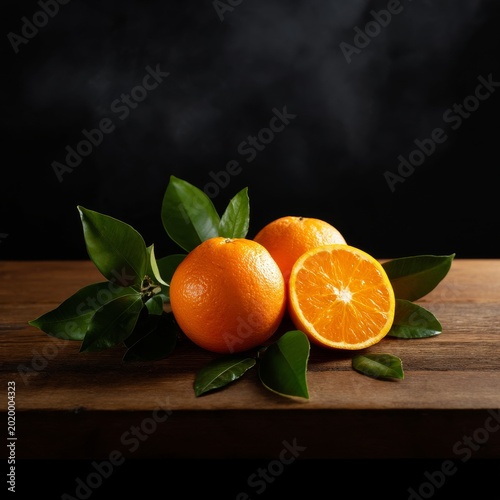 Fresh Oranges on Wooden Table With Green Leaves in Dim Light