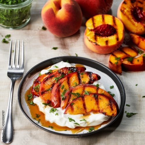 Grilled Peaches Served on Yogurt With Honey and Fresh Herbs on a Table