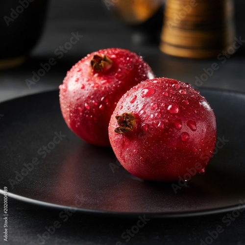Fresh Pomegranates With Water Droplets on a Black Plate by a Window in Natura...
