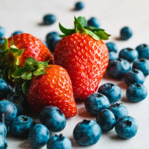 Fresh Strawberries and Blueberries Arranged Together on a Light Surface in a ...