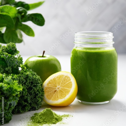 Fresh Green Smoothie With Kale, Lemon, and Apple on a White Table