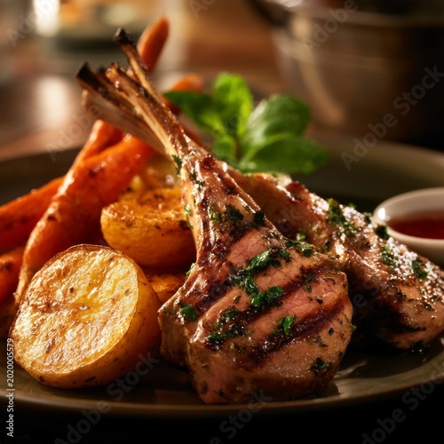 Grilled Lamb Chops With Roasted Potatoes and Carrots Served on a Plate at a D...
