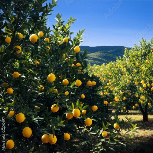 Lemon Trees Grow in a Sunny Orchard With Ripe Fruit Ready for Harvest Under C...