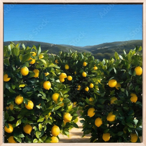 Lemon Trees Bear Bright Yellow Lemons Under Clear Blue Skies in a Sunny Orchard