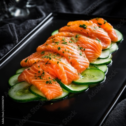 Slices of Fresh Salmon Served on Cucumber on a Black Platter in a Dimly Lit S...