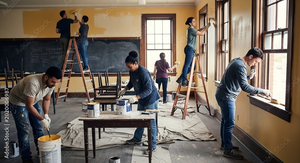 Fototapeta premium a group of people working together to renovate a room with yellow walls and brown trim, teamwork and collaboration concept, people in casual clothes painting and cleaning, ladders and tools around,