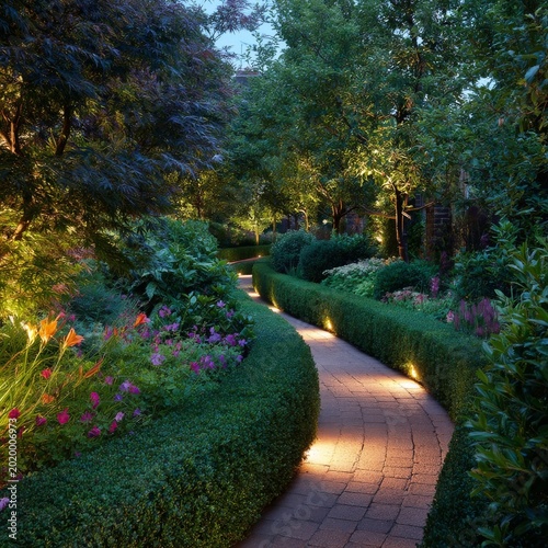 Walkway Through a Garden With Lights and Flowers at Night Near Trees and Shrubs