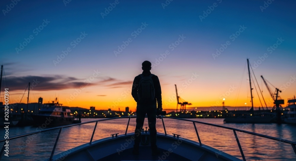 Fototapeta premium Man Standing on Boat Deck at Sunset Overlooking Harbor.