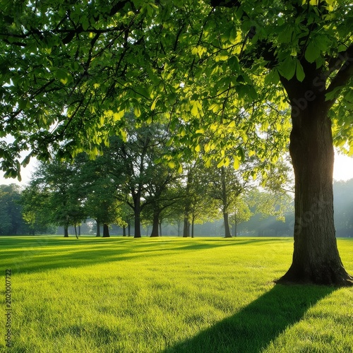 Sunlight Breaks Through Trees in a Park During Late Afternoon in Summer