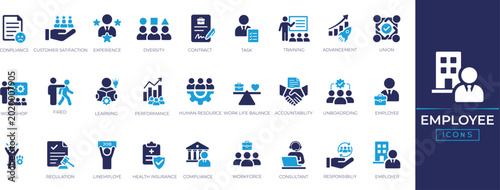 Slika na platnu Employee icon set for contain industry, worker, staff, team, job, hiring, task, payroll, support, training, performance, contract icons collection