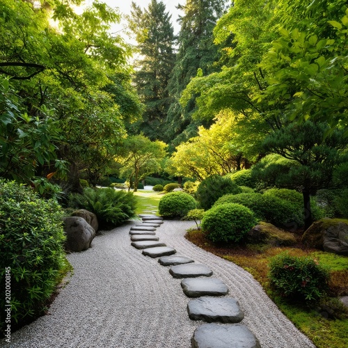 Winding Path Through a Garden With Green Bushes and Stones at Sunset