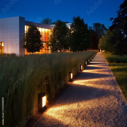 Walkway Lined With Lights Shows Path to Building at Dusk With Grass on Both S...