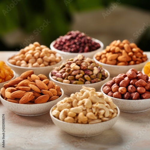 Collection of Assorted Nuts in Bowls Arranged on a Table With Background Plants