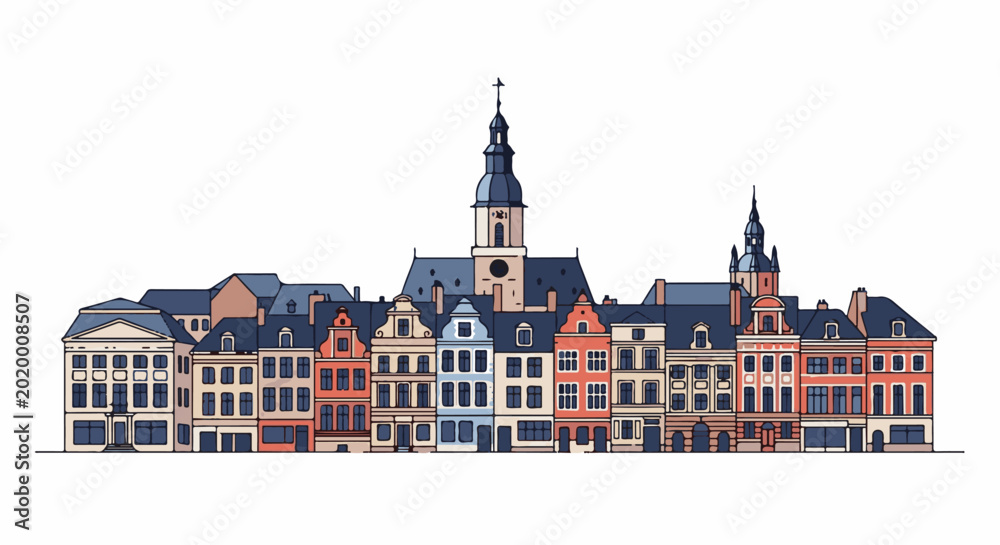 Obraz premium Flat illustration of a row of colorful historic buildings with a clock tower