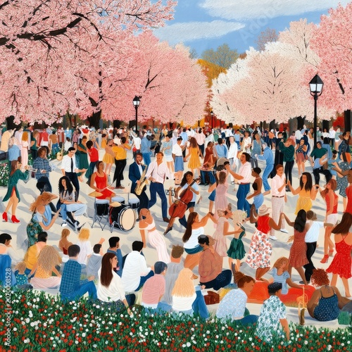 Crowd Enjoying Outdoor Festival Under Cherry Blossom Trees at Sunset in the Park
