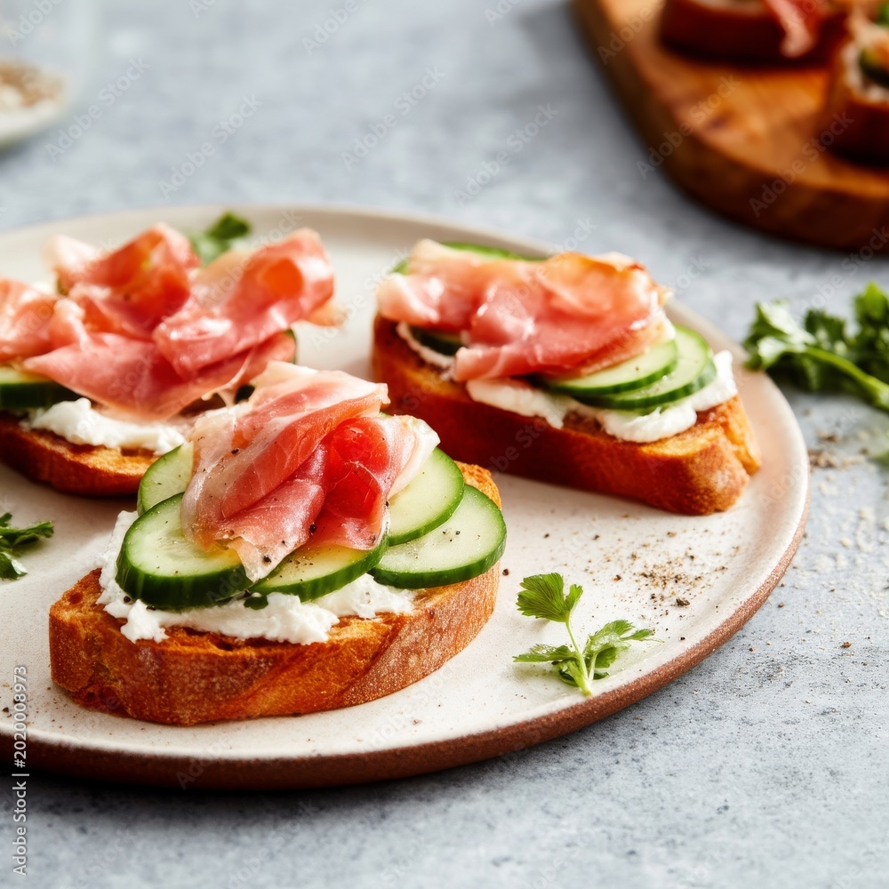 Fototapeta premium Delicious Appetizers With Prosciutto and Cucumber on Toasted Bread During a Gathering