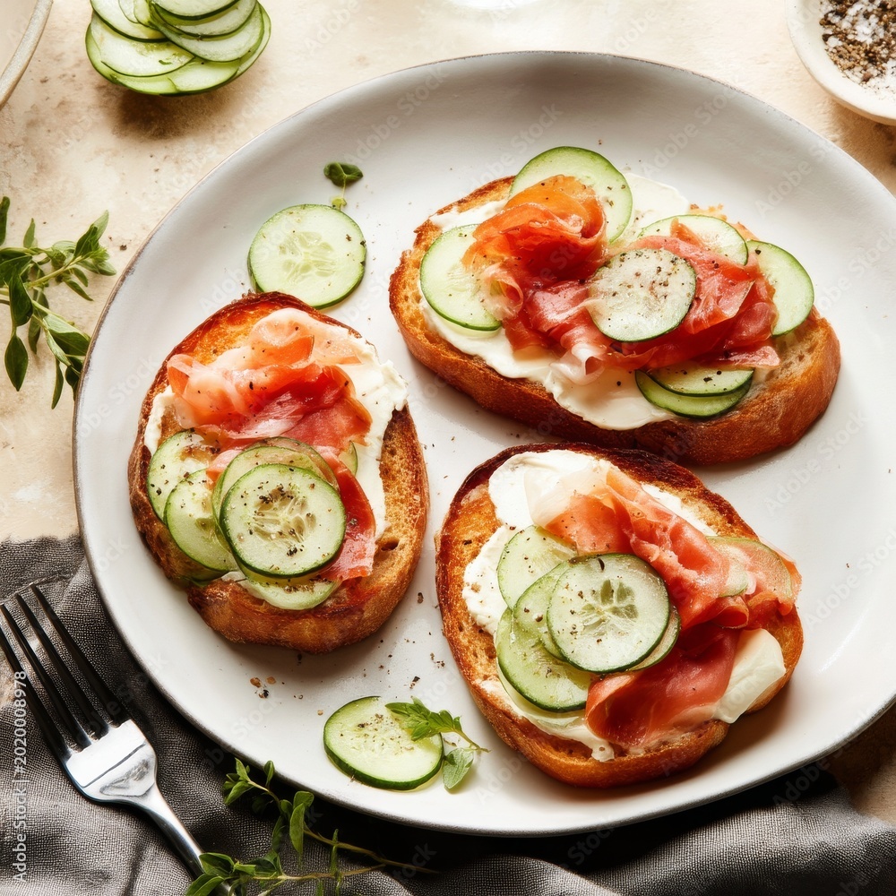 Obraz premium Delicious Appetizers With Prosciutto and Cucumber on Toasted Bread During a Gathering