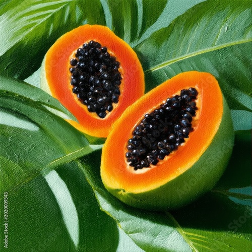 Fresh Papaya Cut in Half With Seeds Surrounded by Green Palm Leaves on White ...