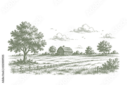 Foto Hand drawn woodcut style vector illustration of a traditional rural farm with a large barn and trees in a scenic countryside landscape