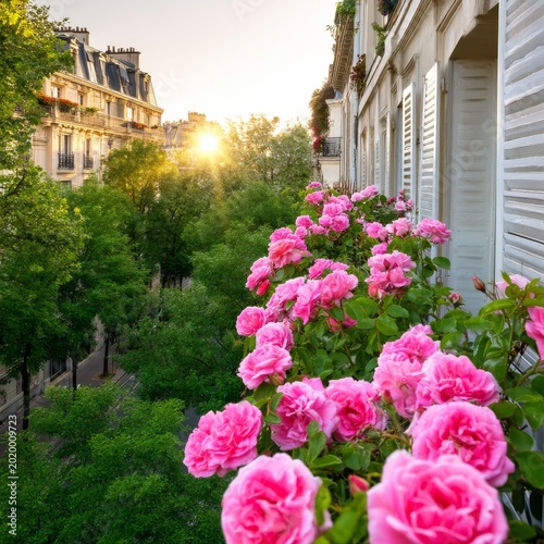 Roses Bloom on a Balcony During Sunset in a City With Green Trees and Buildings