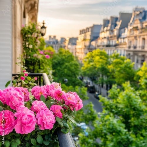 Sunset View From a Balcony With Flowers and City Buildings in the Background