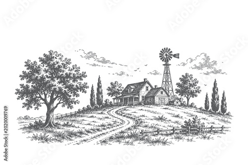 Bild auf Leinwand Classic woodcut vector illustration of a rural farm house with a windmill and dirt road for sustainable energy and traditional farming themes